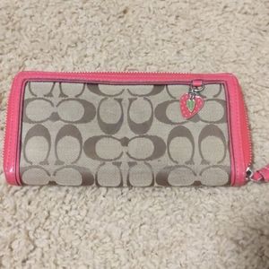 Coach canvas wallet with pink leather trim